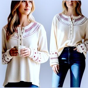 POL Cream:Blush Red Star Henley Patchwork Waffle Oversize small/medium Top NWT